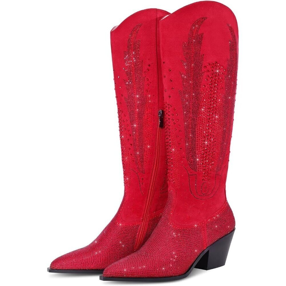 🆕Women Polyurethane Red Knee High Rhinestone Bling Pointed Toe Cowgirl Western
